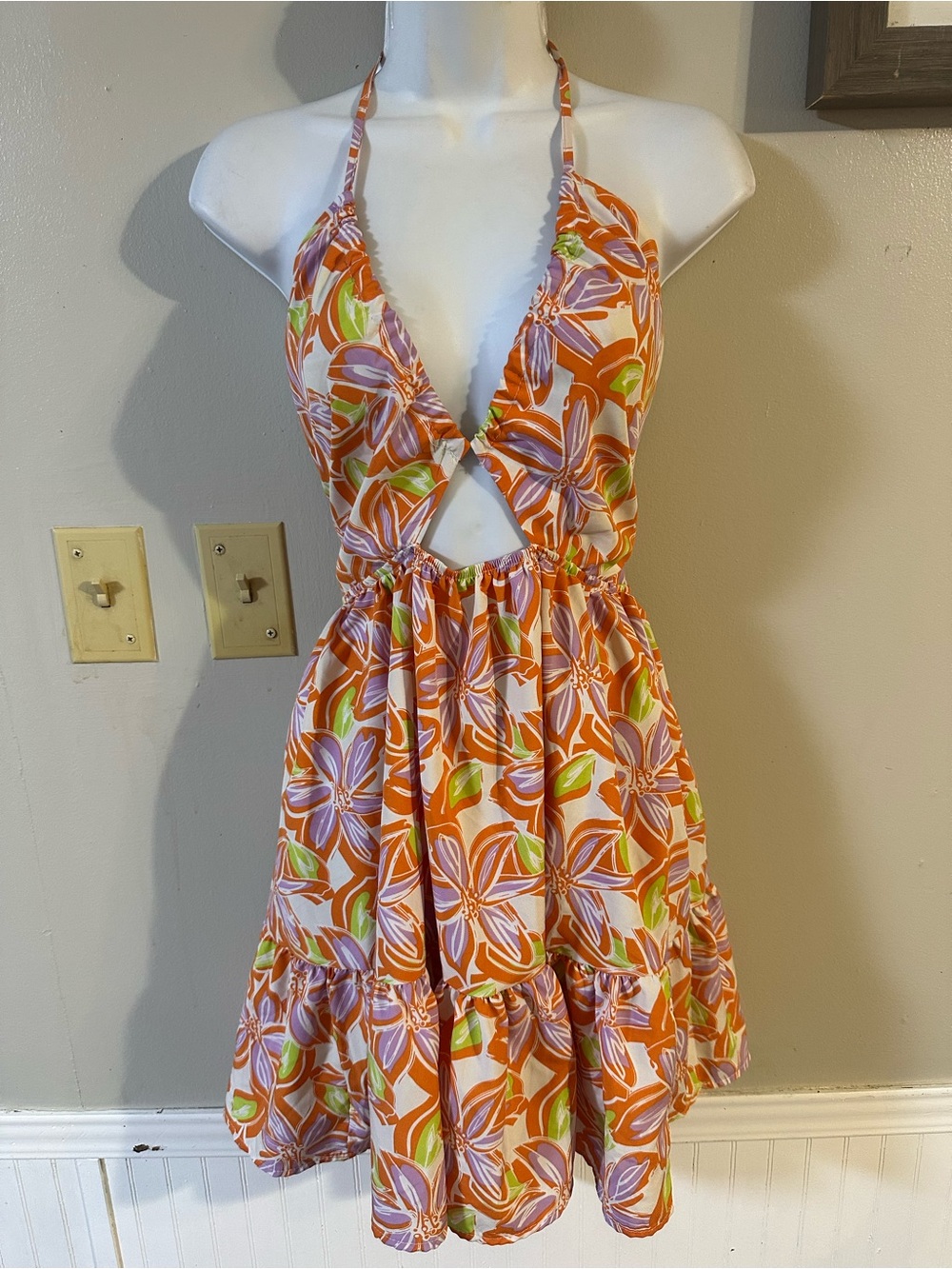 SHEIN Orange Floral Halter Mini Dress with Purple & Green Accents